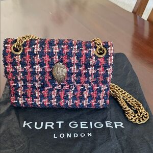 Kurt Geiger Navy, Red & White Tweed Mini Bag with Gold Chain